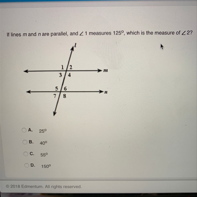 If lines m and n are parallel, and < 1 measures 125°, which is the measure of &lt-example-1