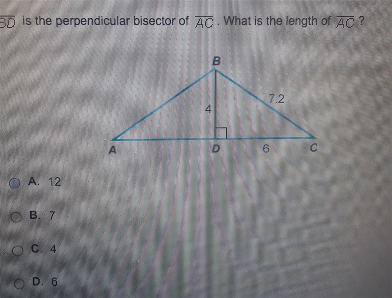 BD is the perpendicular bisector of AC. What is the length of AC?-example-1