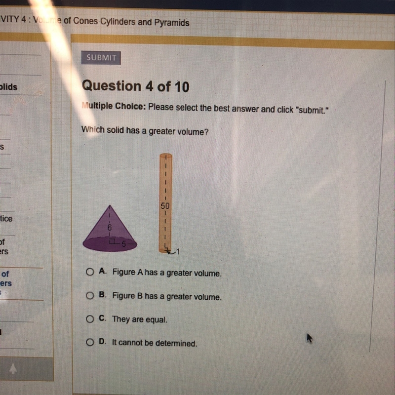 Which solid has a greater volume?-example-1