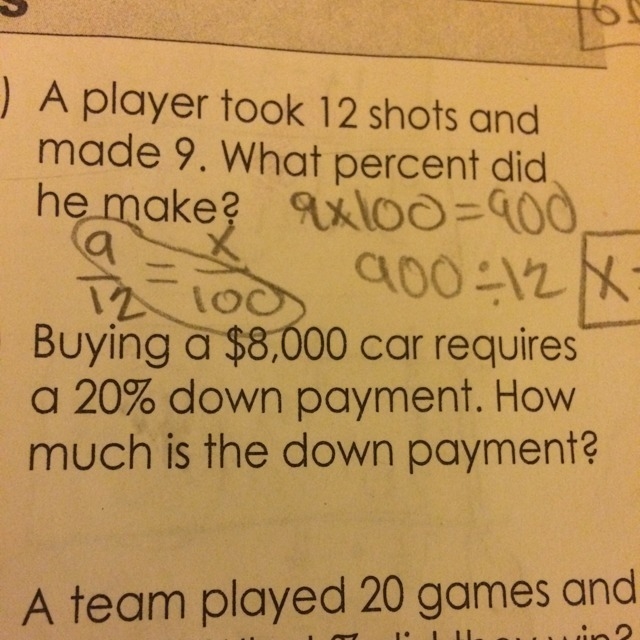 Buying a $8,000 car requires a 20% down payment. How much is the down payment?-example-1