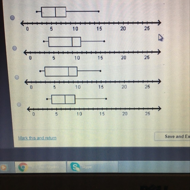 A data set has a lower quartile of 3 and an interquartile range of 5 Which box plot-example-1