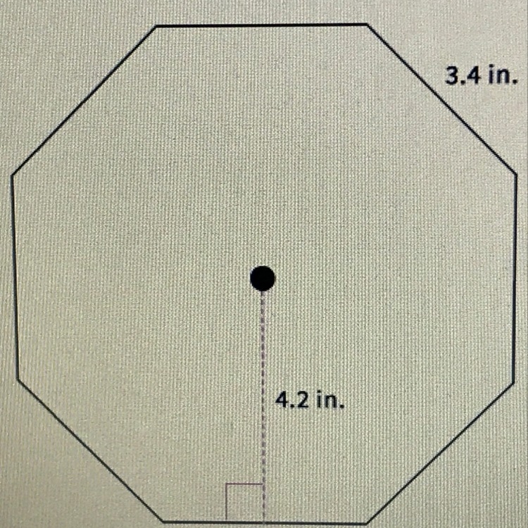 Find the area of the regular octagon if the apothem is 4.2 and a side is 3.4 In. Round-example-1