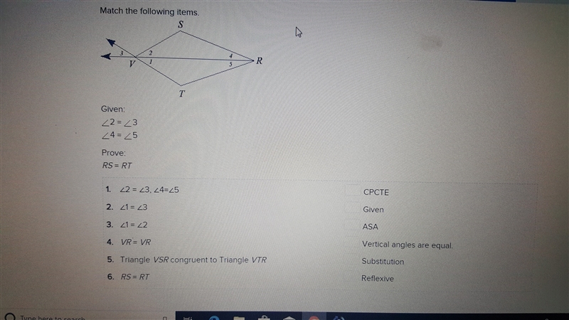 Given: angle 2 = angle 3 angle 4 = angle 5 prove: RS = RT-example-1