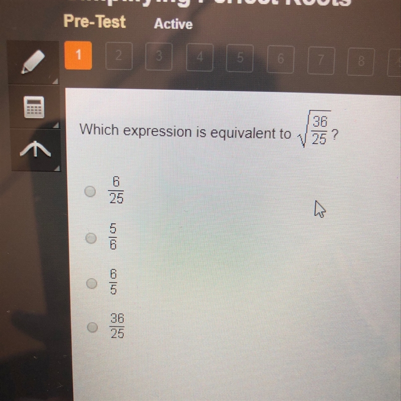 Which expression is equivalent to sqrt36/25-example-1