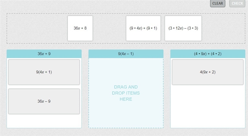 Drag each expression to show whether it is equivalent to 36x + 9, 9(4x – 1), or (4 • 9x-example-1