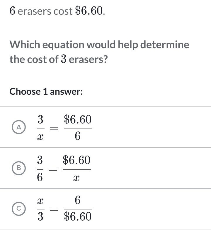 Whats the answer ( d is 6/3=$6.60/x and e is none of the above)-example-1