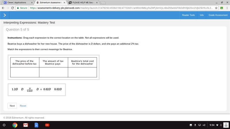 Beatrice buys a dishwasher for her new house. The price of the dishwasher is D dollars-example-1