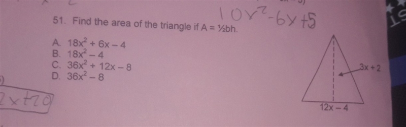 Find the area of the triangle if A=1/2bh-example-1