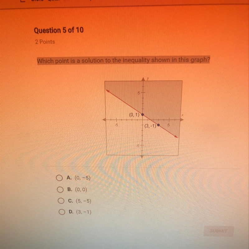 Which point is a solution to the inequality shown in this graph? (0,1) (3,-1)-example-1