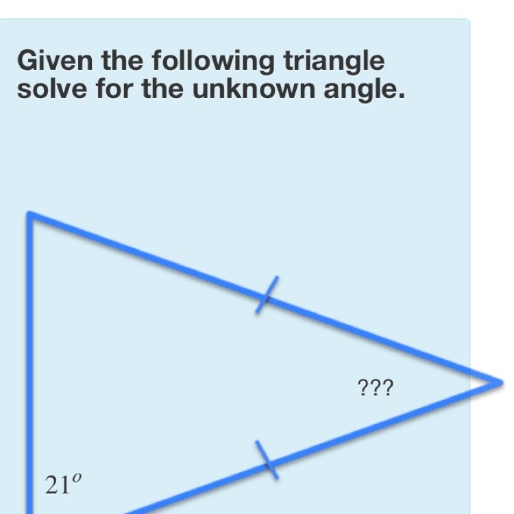 Given the following triangle solve for the unknown angle.-example-1