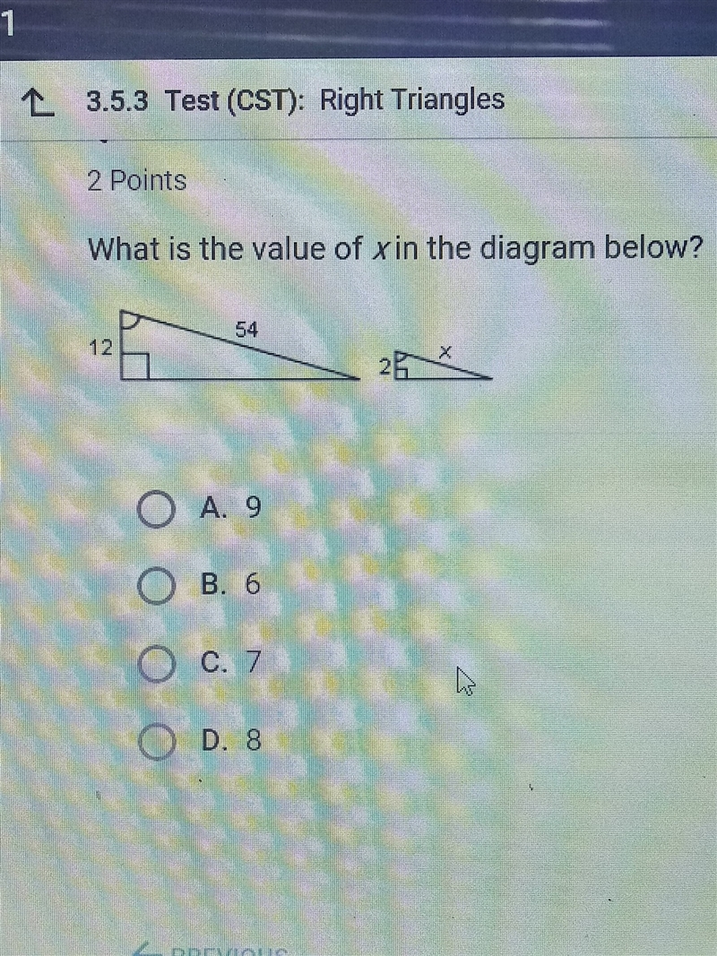 What is the value of x in the diagram below ? A. 9 B. 6 C. 7 D. 8-example-1