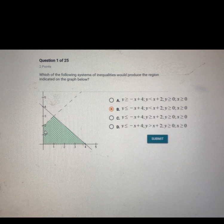 Which of the following systems of inequalities would produce the region indicated-example-1