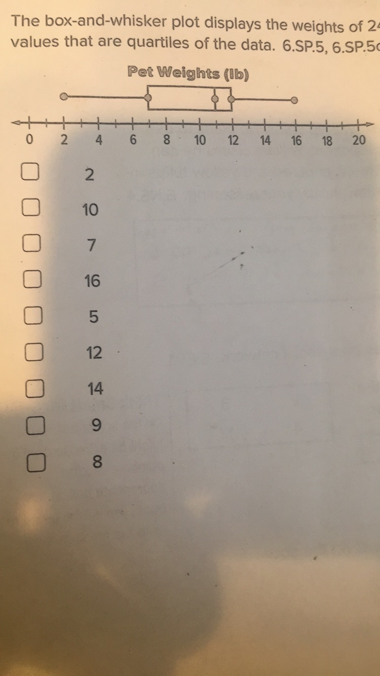 the box-and-whisker plot displays the weights of 24 pets. select all of the values-example-1