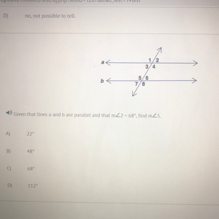 Given the lines a and b are parallel and that m 2= 68, find m 5.-example-1