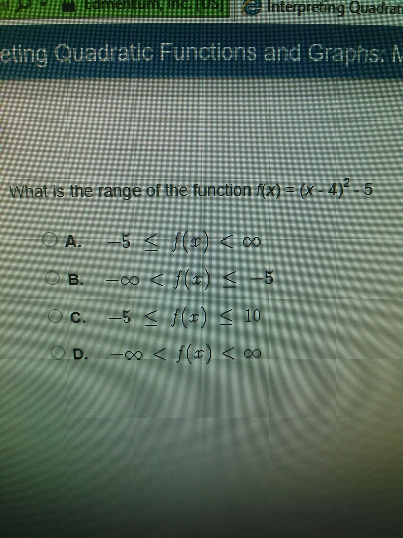 What is the range of the function f(x)=(x-4)^2-5-example-1