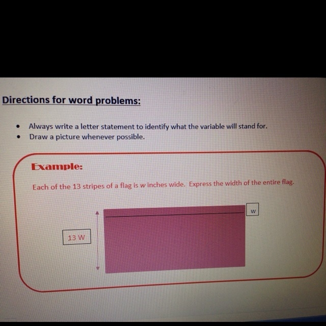 Each of the 13 stripes of a flag is w inches wide, express the width of the entire-example-1