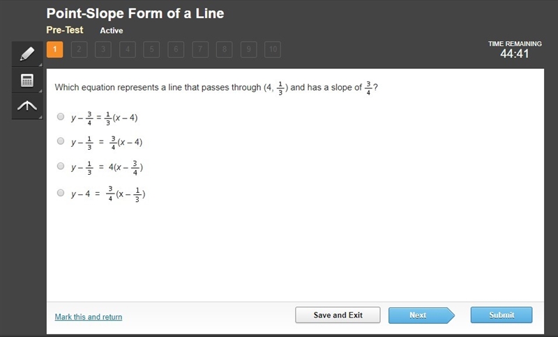 Which equation represents a line that passes through (4,1/3) and has a slope of 3/4?-example-1