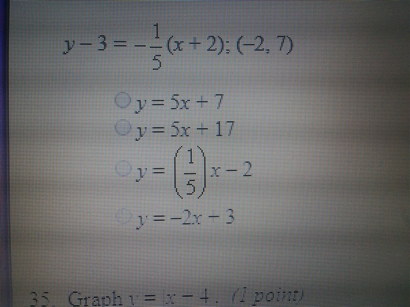 Write the equation of a line that is perpendicular to the given line and that passes-example-1