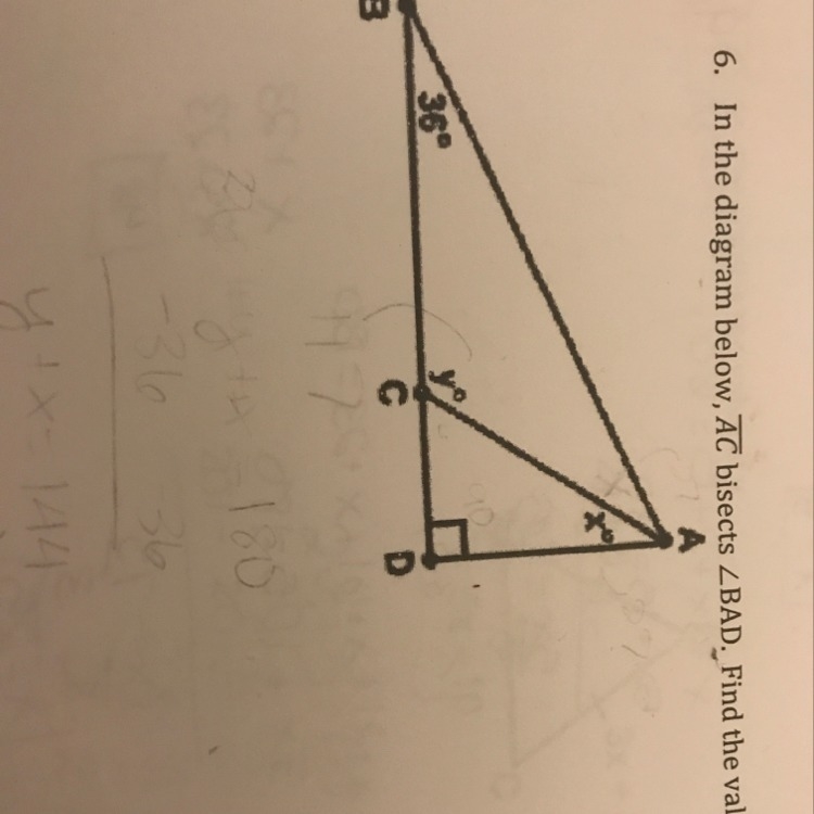 In the diagram below, line AC bisects angle BAD. Find the values of x and y-example-1