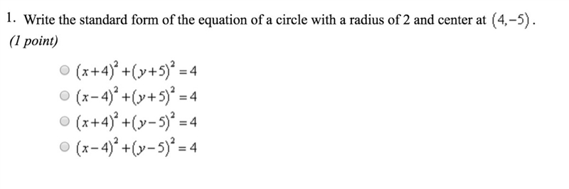 Write the standard form of the equation of a circle with a radius of 2 and center-example-1