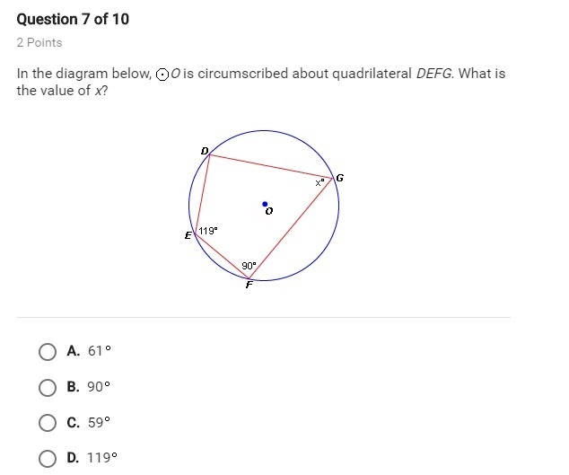 In the diagram below, circle O is circumscribed about quadrilateral DEFG. What is-example-1