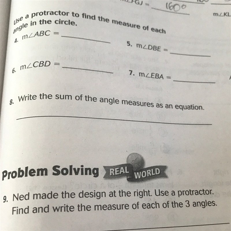 Use a protractor to find the measure of each angle in the circle-example-1