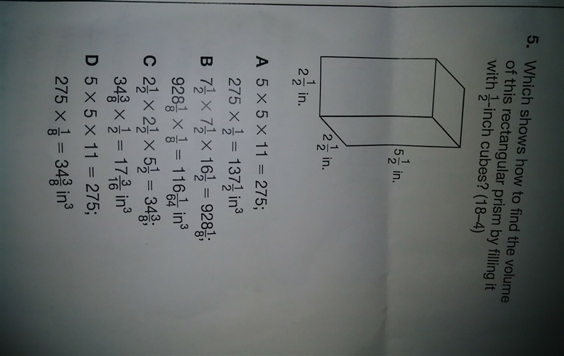 Which shows how to find the volume of this rectangular prism by filling it with 1/2 inch-example-1