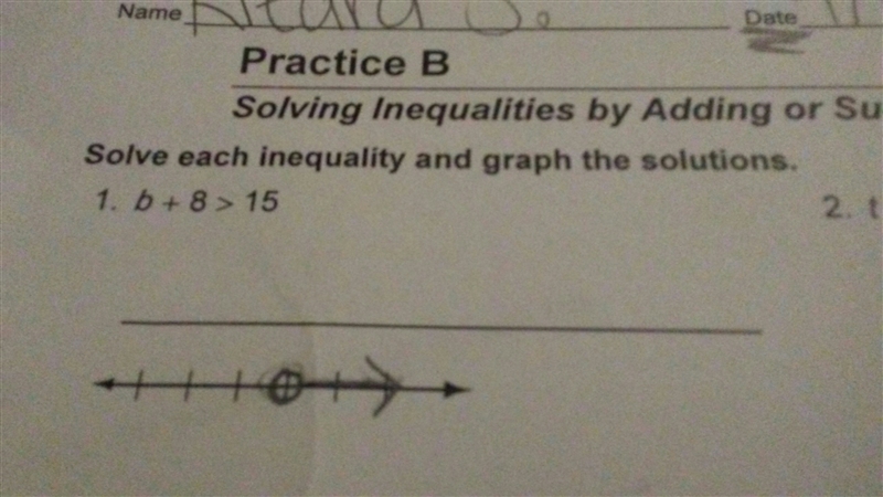 Solve each inequality and graph the solution for b+8>15-example-1