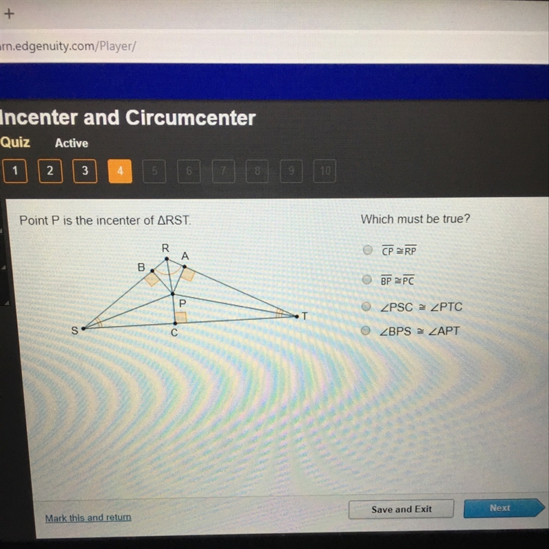 Point p is the incenter of triangle rst. which must be true?-example-1