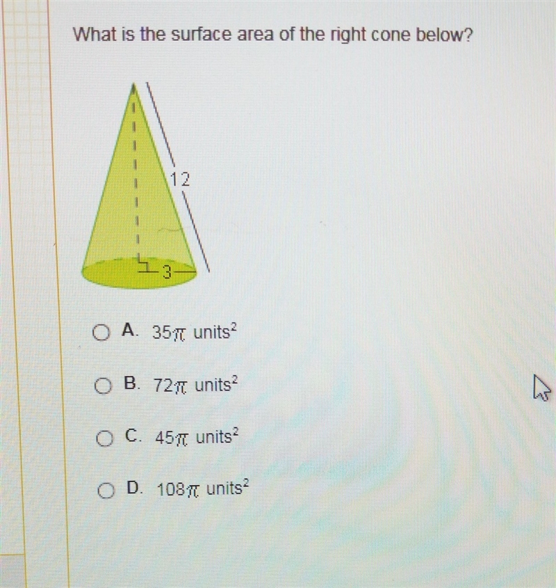 (Photo) Please I need help! What is the surface area of the right cone below?-example-1