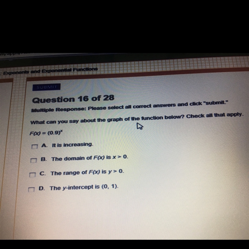 What can you say about the graph of the function below? check ALL that apply.-example-1