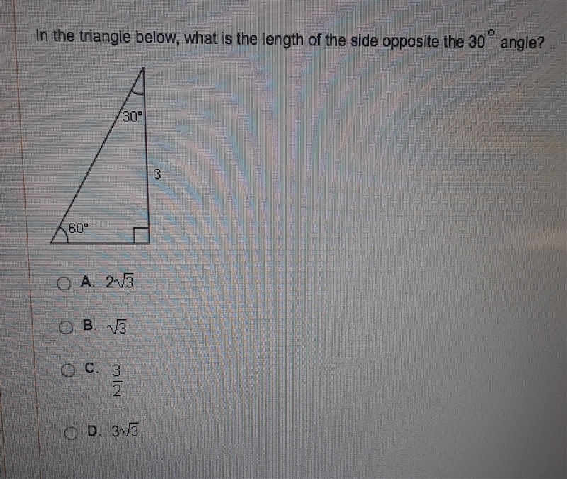 In the triangle below, what is the length of the side opposite the 30° angle?-example-1