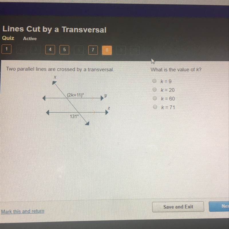 Two parallel lines are crossed a transversal . What is the value of k-example-1