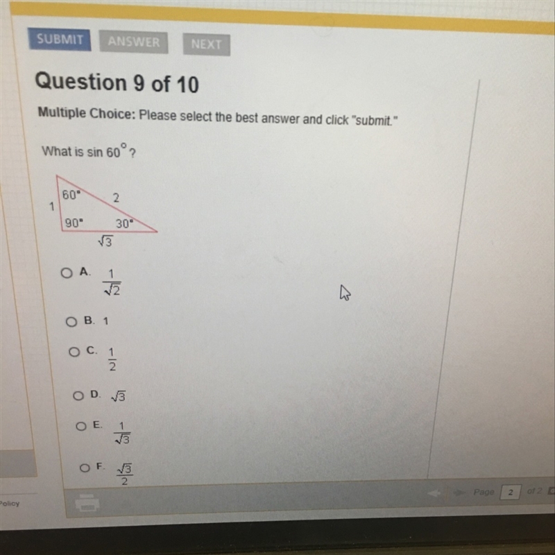 What is sin 60? A.1/sqrt 2 B.1 C.1/2 D. Sqrt 3 E. 1/sqrt 3 F. Sqrt 3/2-example-1