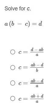 Solve for c. a(b-c)=d-example-1