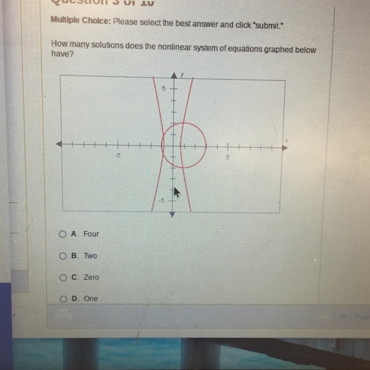 How many solutions does the nonlinear system of equations graphed below have?-example-1