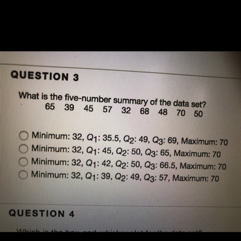 What is the five-number summary of the data set? 65 39 45 57 32 68 48 70 50-example-1