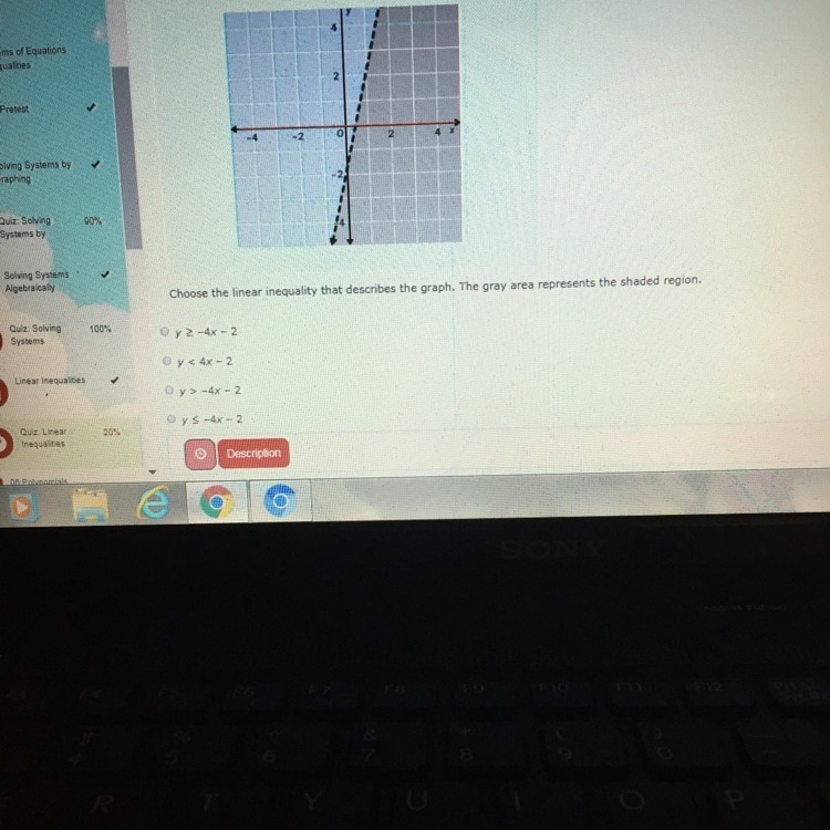 Choose the linear inequality that describes the graph.The gray area represents the-example-1