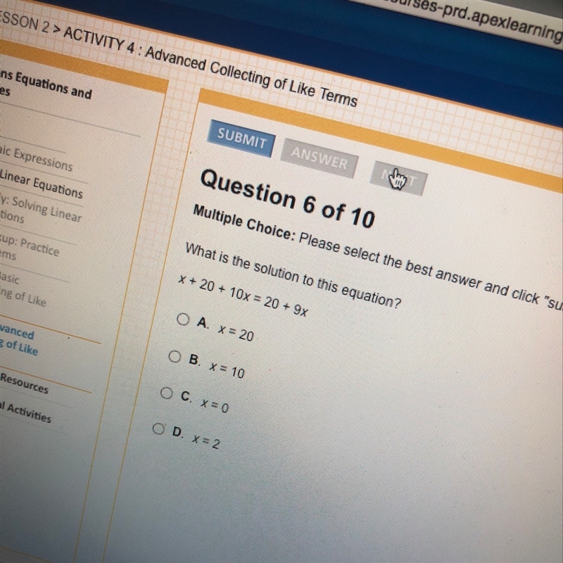 What is the solution to this equation x + 20 + 10x = 20 + 9x-example-1