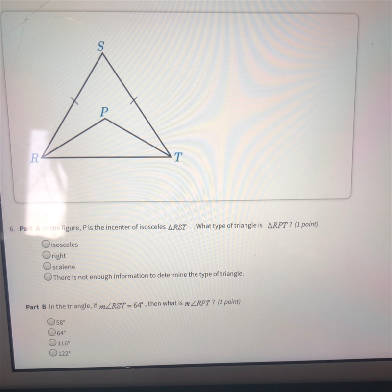 in the figure p is the incenter of isosceles rst what type of triangle is rpt? Thank-example-1