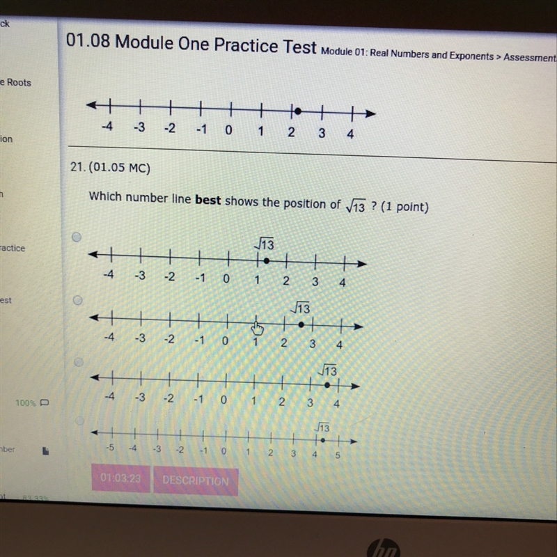 Which number line best shows the position of square root 13-example-1