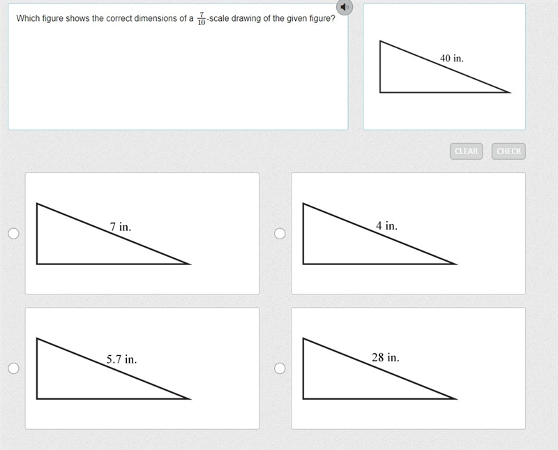 Which figure shows the correct dimensions of a 7/10-scale drawing of the given figure-example-1