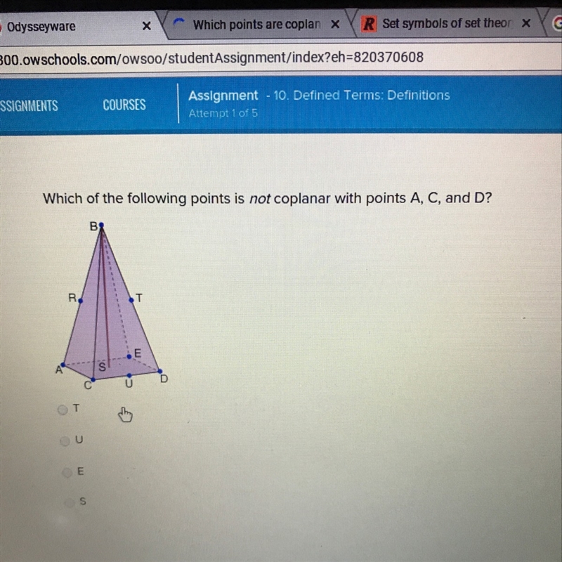 Which of the following points is not coplanar with points A, C and D? A. T B. U C-example-1