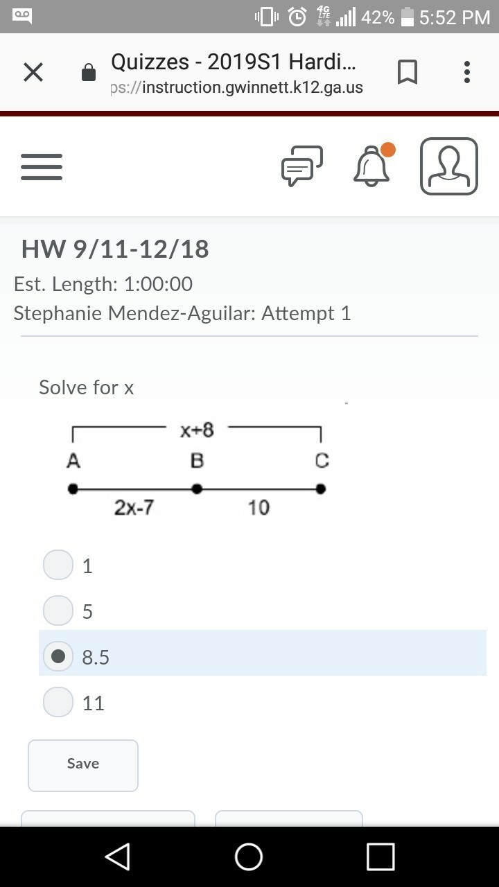 Solve for x: 2x-7=x+8. And the answer chocies are A)1 B)5 C)8.5 D)11-example-1