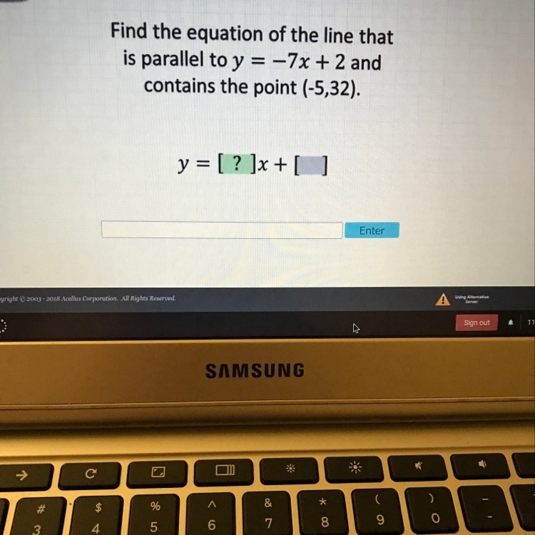 Find the equation of the line that is parallel to y= -7x+3 and contains the point-example-1