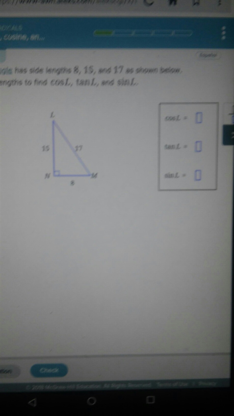 A right triangle has side lengths 8,5 and 17 as shown below.-example-1