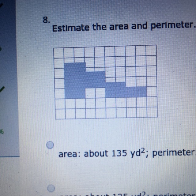 Estimate the area and perimeter. Each square represents 9 yd^2.-example-1