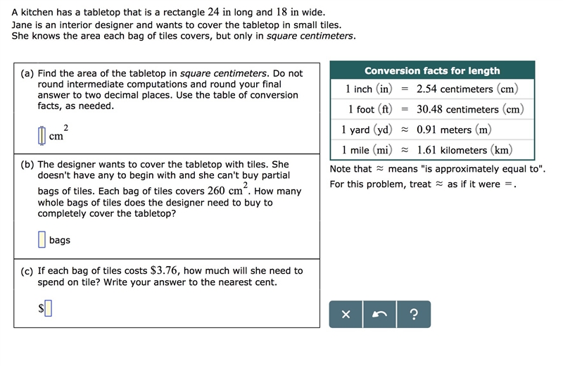 A kitchen has a tabletop that is a rectangle 24in long and 18 in wide. Jane is an-example-1