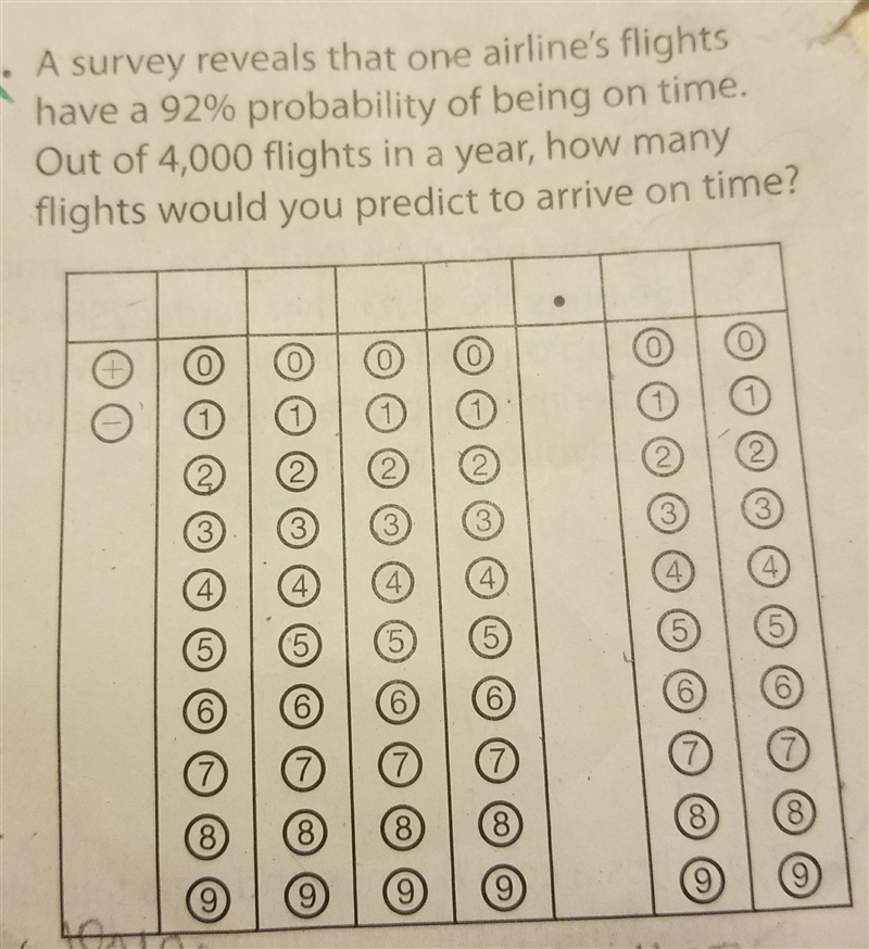 A survey reveals that one airline's flights have a 92% probability of being on time-example-1