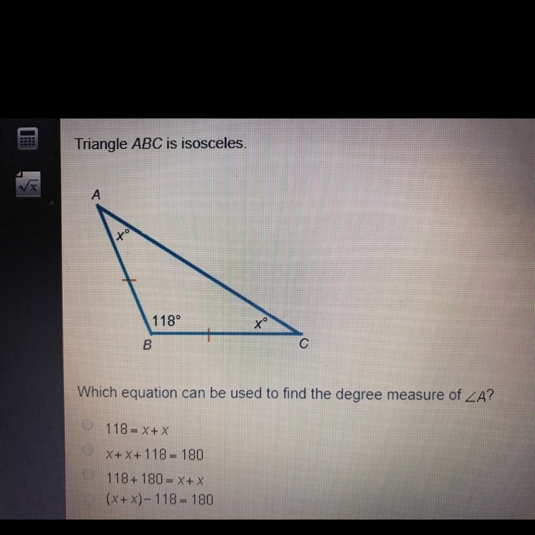 Triangle ABC is isosceles. Which equation can be used to find the degree measure of-example-1